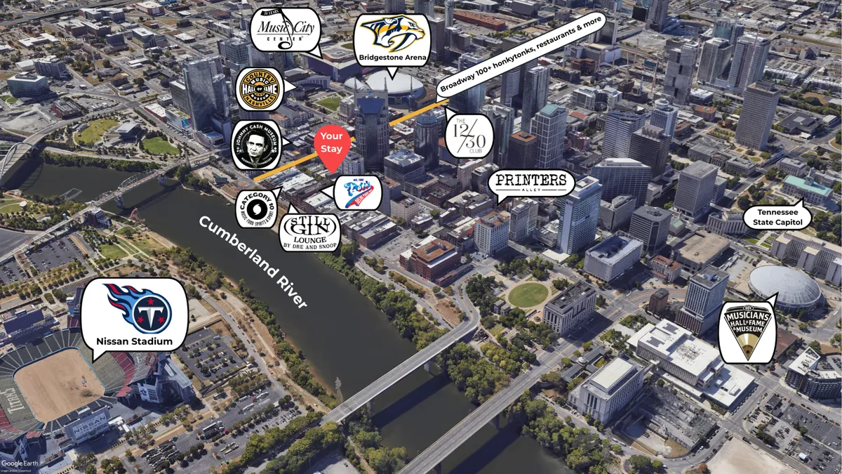 A dynamic cityscape featuring the Cumberland River, the iconic Bridgestone Arena, Nissan Stadium, and the downtown skyline. The view suggests easy access to entertainment venues, dining, and team-building opportunities along the vibrant riverfront.